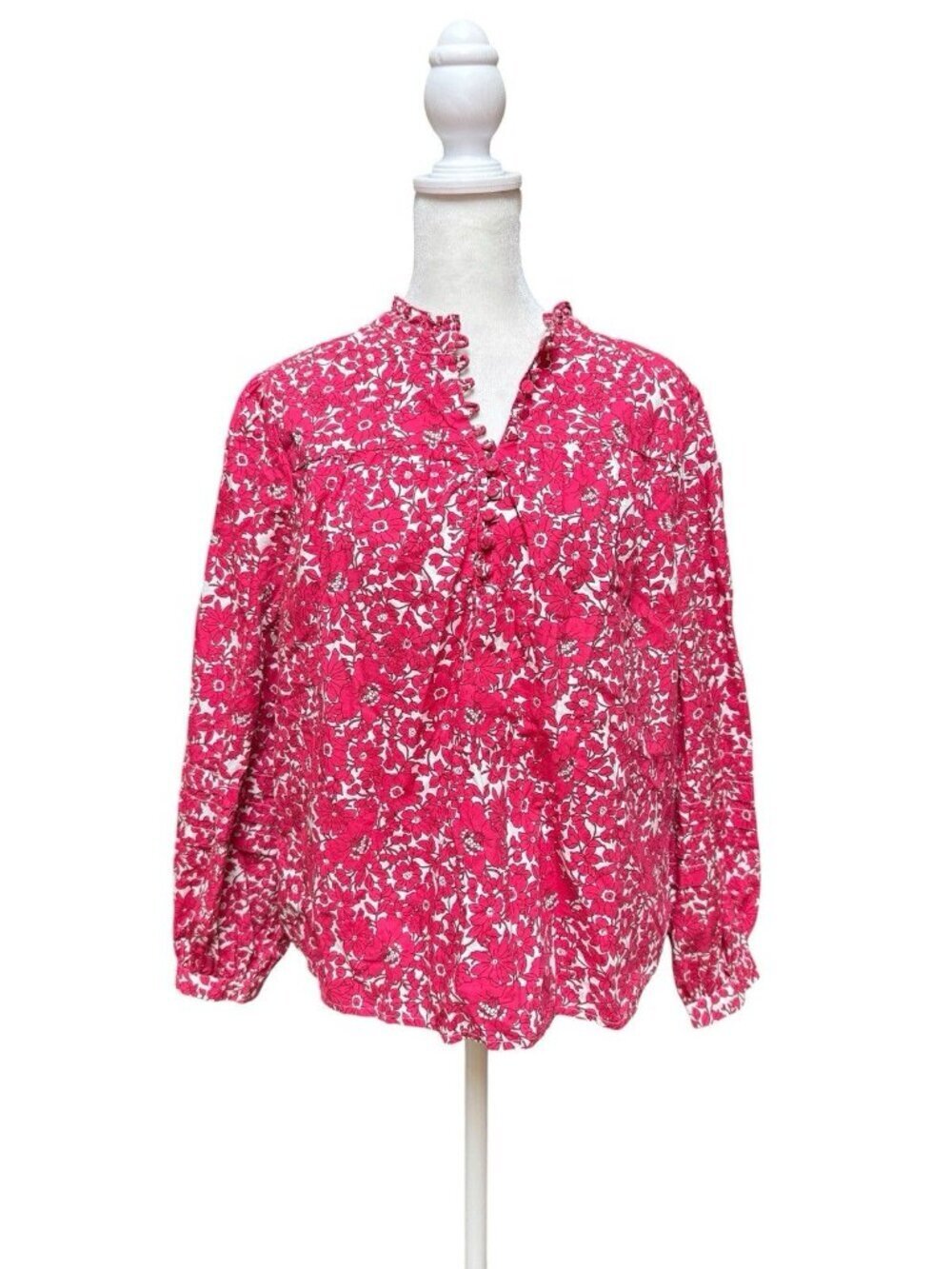 J.Crew Re Imagined Floral Blouse Small Pink Ruffle Neck Cotton Top